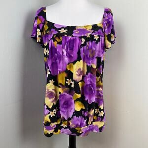 Carole Little Floral Square Neck Flutter Sleeve Blouse Top Large